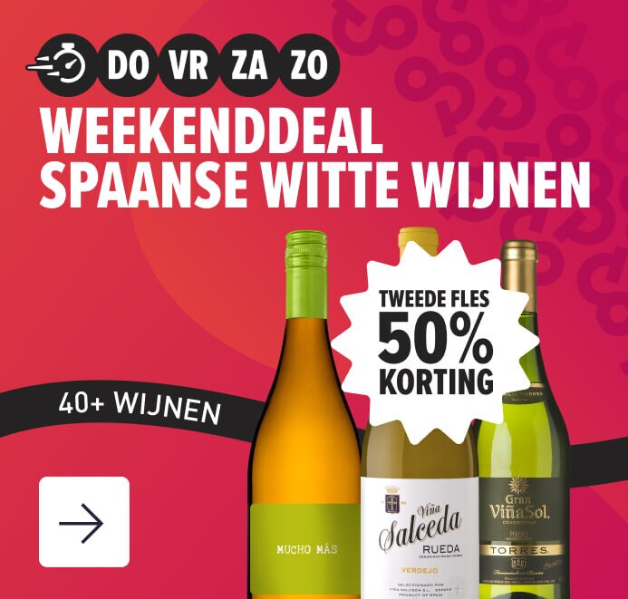 Weekenddeal spaanse witte wijnen tweede fles 50% korting